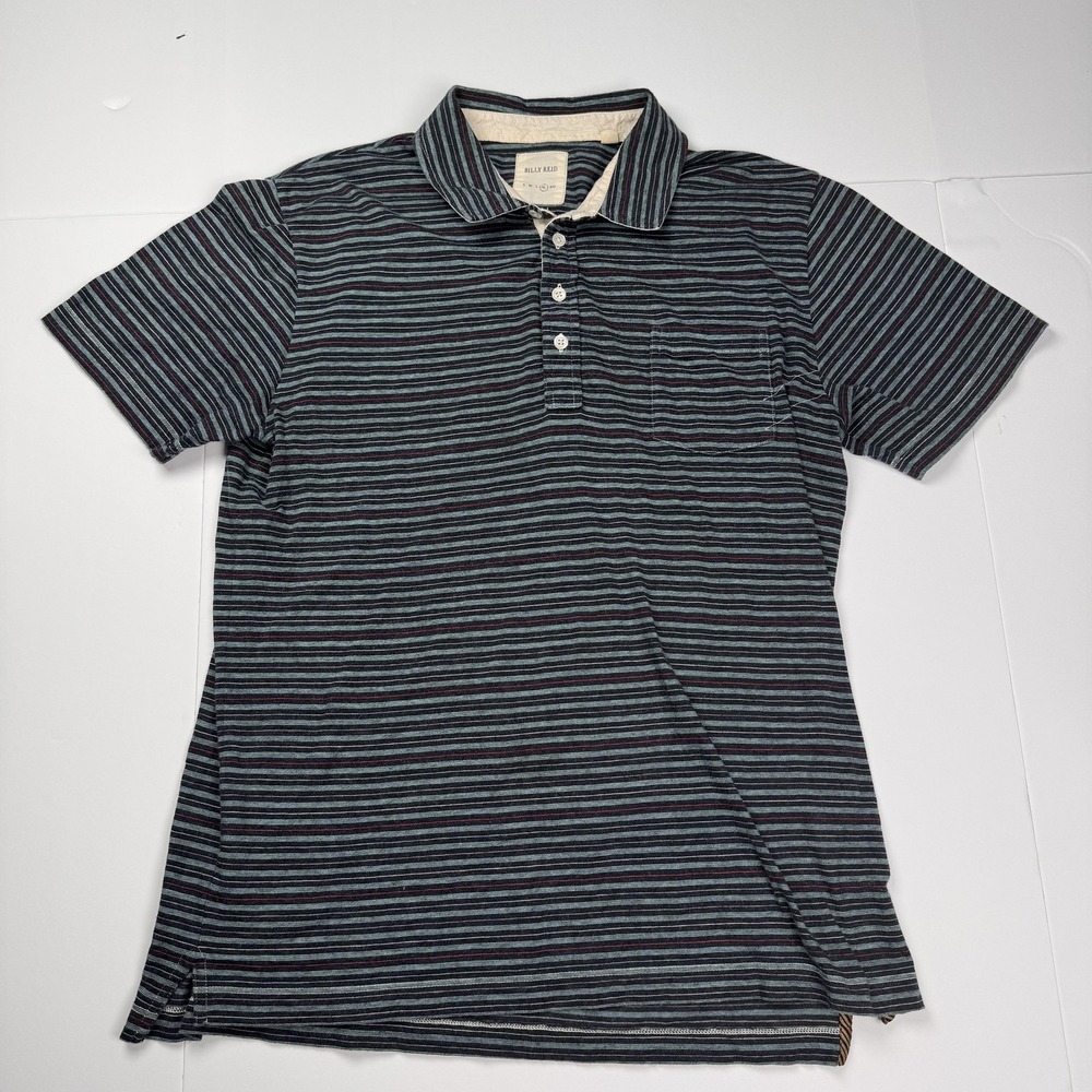 Billy Reid Polo Shirt Mens XL Navy Blue Stripe Short Sleeve Pocket Knit Casual